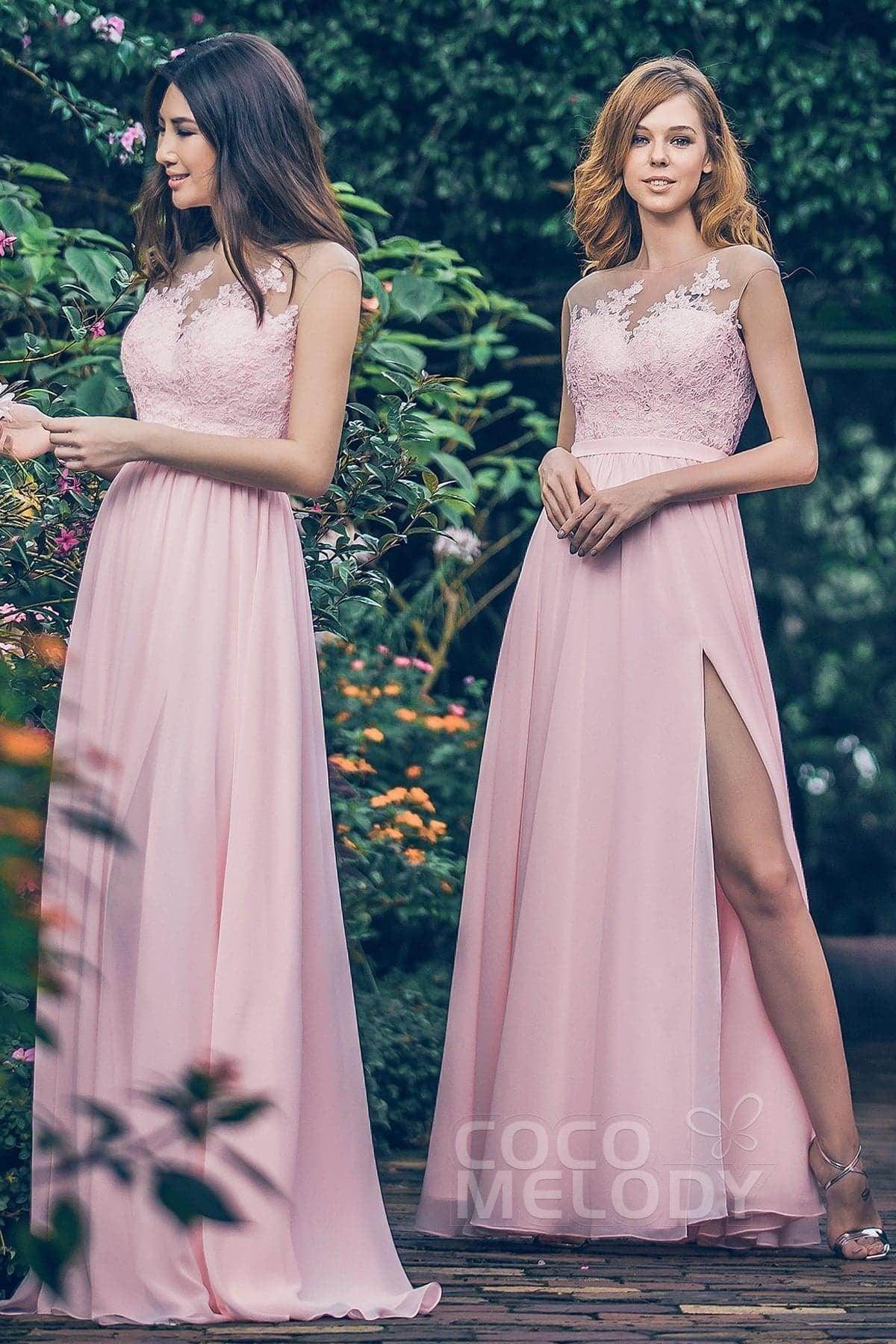 Sheath Floor Length Chiffon and Lace Bridesmaid Dress PR3595 - COCOMELODY